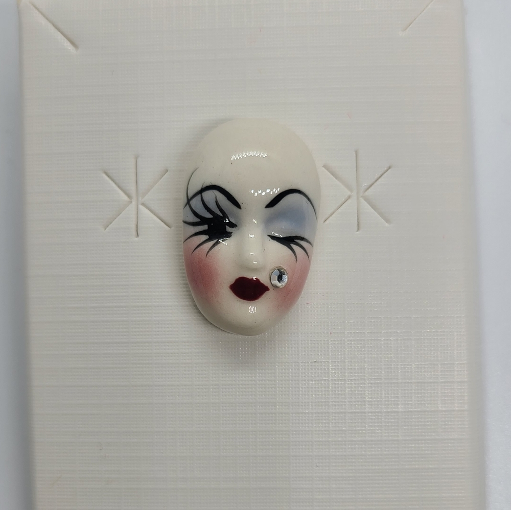 Vintage Fancy Faces Brooch Pin Handpainted Porcelain Mask Wink with Rhinestone